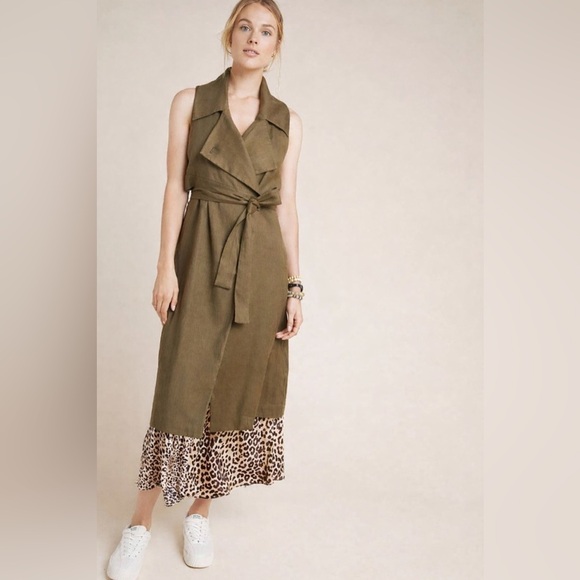 Anthropologie Dresses & Skirts - Anthropologie Hollis Tie-Front Trench Vest Olive Green Linen Blend | Size XS